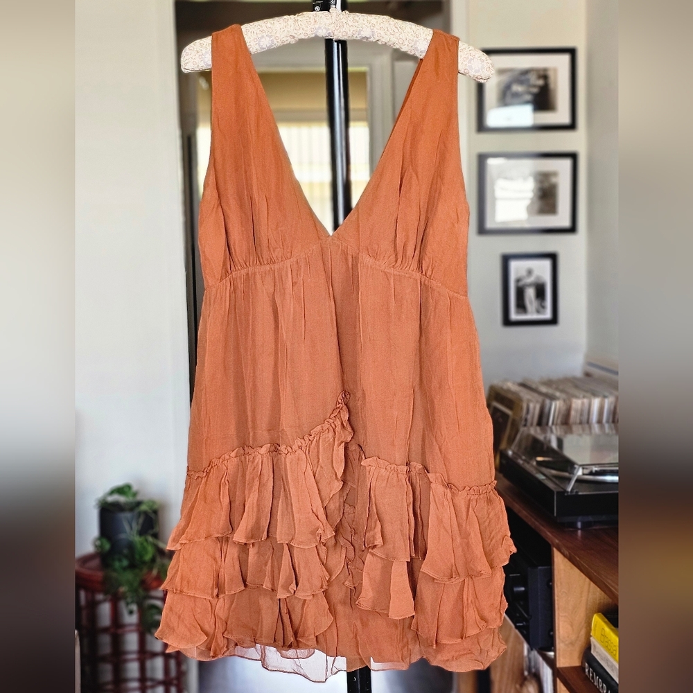 Elizabeth and James Rust Orange Silk Ruffle Mini Dress
